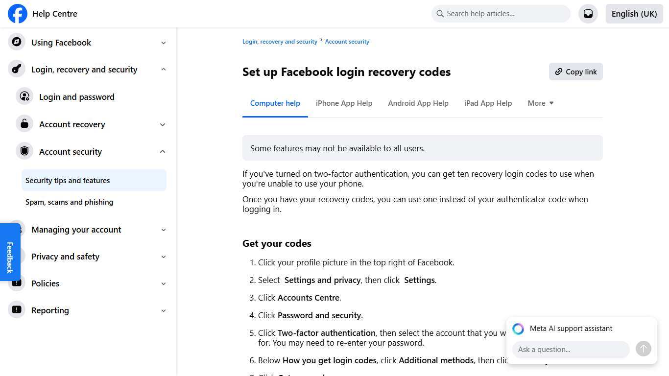 Set up Facebook login recovery codes Facebook Help Centre