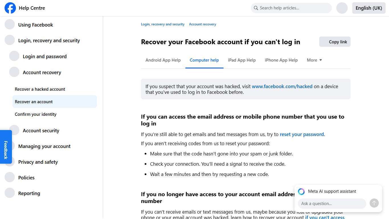 Recover your Facebook account if you can't log in Facebook Help Centre